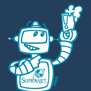 Robot holding up pint of beer.