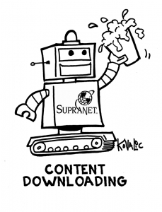 Robot holding pint of beer with mouth open. "Content downloading."