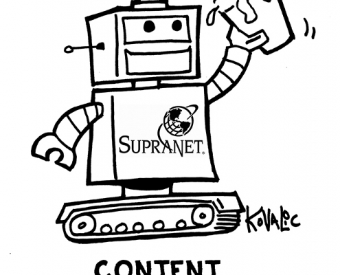Robot holding pint of beer with mouth open. "Content downloading."