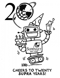 Robot with party hat on holding a beer and cake with candles. "Cheers to 20 Supra Years."