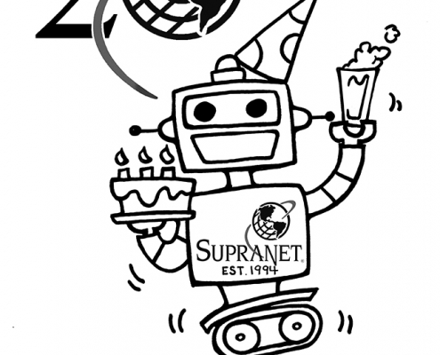 Robot with party hat on holding a beer and cake with candles. "Cheers to 20 Supra Years."
