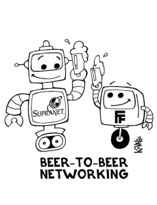 SupraNet robot and Forward Fest robot holding pint glasses. "Beer-to-beer networking."