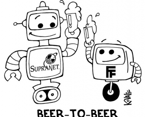 SupraNet robot and Forward Fest robot holding pint glasses. "Beer-to-beer networking."