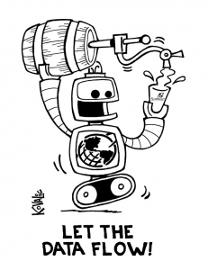 Robot holding barrel of beer in one hand and pouring into pint glass in another hand. "Let the data flow"
