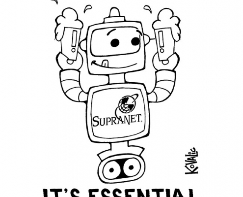 Robot holding two pint glasses. "It's no a second beer...It's essential data backup!"