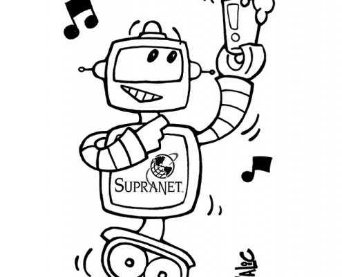 Robot holding pint glass, pointing at it. "SupraNet: Putting the IP in IPA since 1994!"