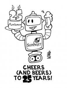 Robot holding cake with 25 candles and pint of beer. "Cheers (and beers) to 25 years!"