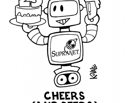 Robot holding cake with 25 candles and pint of beer. "Cheers (and beers) to 25 years!"