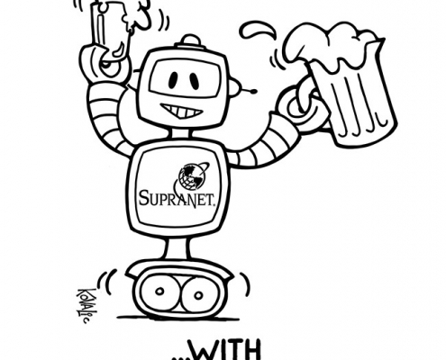 Robot holding pitcher and pint glass above head. "Our cup runneth over with Gratitude."