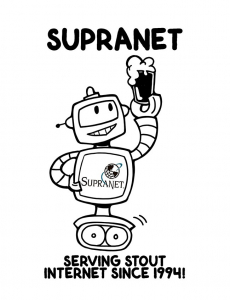 Robot holding pint of dark beer. Words "SupraNet: Serving stout internet since 1994.