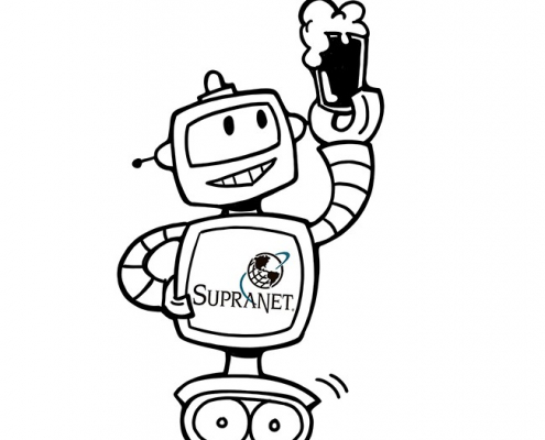Robot holding pint of dark beer. Words "SupraNet: Serving stout internet since 1994.