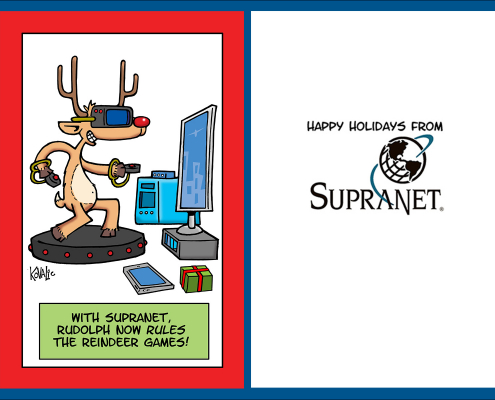 Reindeer with VR goggles playing video game. Card says "With SupraNet, Rudolph now rules the Reindeer Games."