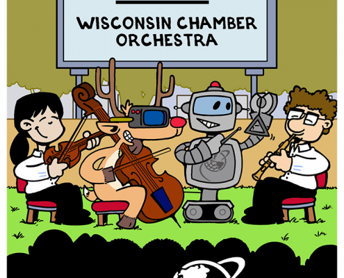 SupraNet ad with musicians on stage in park. Musicians including Reindeer with VR goggles, SupraNet robot. Sign above that says "SupraNet celebrates the arts - Wisconsin Chamber Orchestra