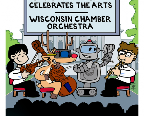 SupraNet ad with musicians on stage including Reindeer with VR goggles, SupraNet robot. Madison capitol building in background. Sign above that says "SupraNet celebrates the arts - Wisconsin Chamber Orchestra