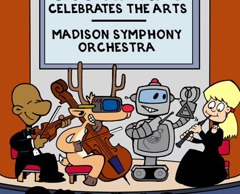 SupraNet ad with orchestra musicians on stage including Reindeer with VR goggles, SupraNet robot. Sign above that says "SupraNet celebrates the arts - Madison Symphony Orchestra.