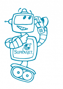 Robot holding hand set phone looking happy