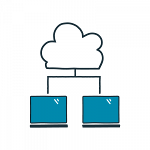 Graphic icon of cloud with two laptops below with line connecting all three