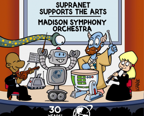 SupraNet ad with aliens and people in robes on stage along with musicians.