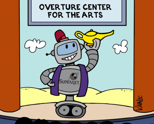 SupraNet robot holding Aladdin's lamp on stage.