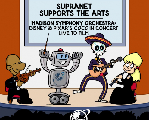 SupraNet ad with skeleton playing guitar with musicians and robot conducting on stage.