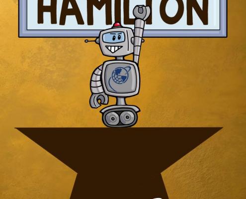 Robot standing on star with arm up, SupraNet Supports the Arts, Hamilton above.