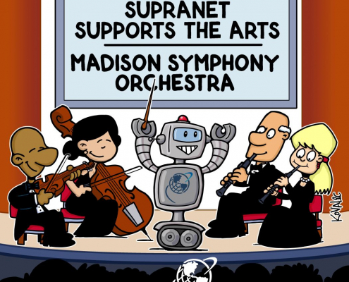 Musicians on stage with robot conducting. SupraNet Supports the Arts, Madison Symphony Orchestra
