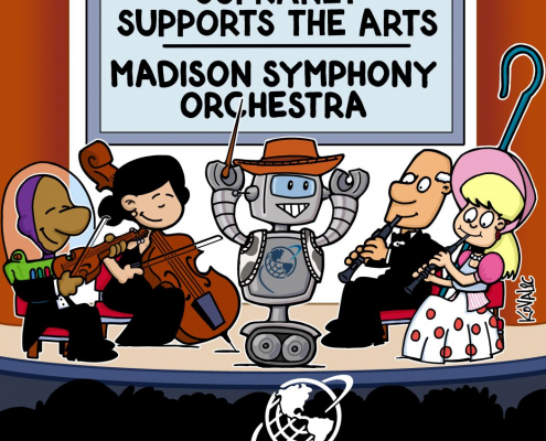 Robot in cowboy hat, violinist in space helmut, clarinetist in bo-peep costume. SupraNet Supports the Arts. Madison Symphony Orchestra.