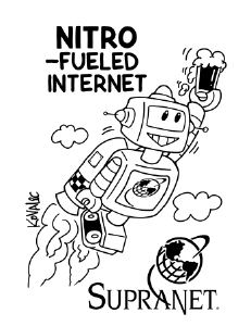 Robot holding pint glass, flying with jetpack. Words say Nitro-Fueled Internet. SupraNet Logo Below