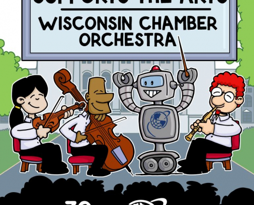 Cartoon musicians playing instruments in front of Wisconsin state Capitol. Robot conducting. SupraNet Supports the Arts, Wisconsin Chamber Orchestra