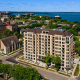 Apartment building with lake in background