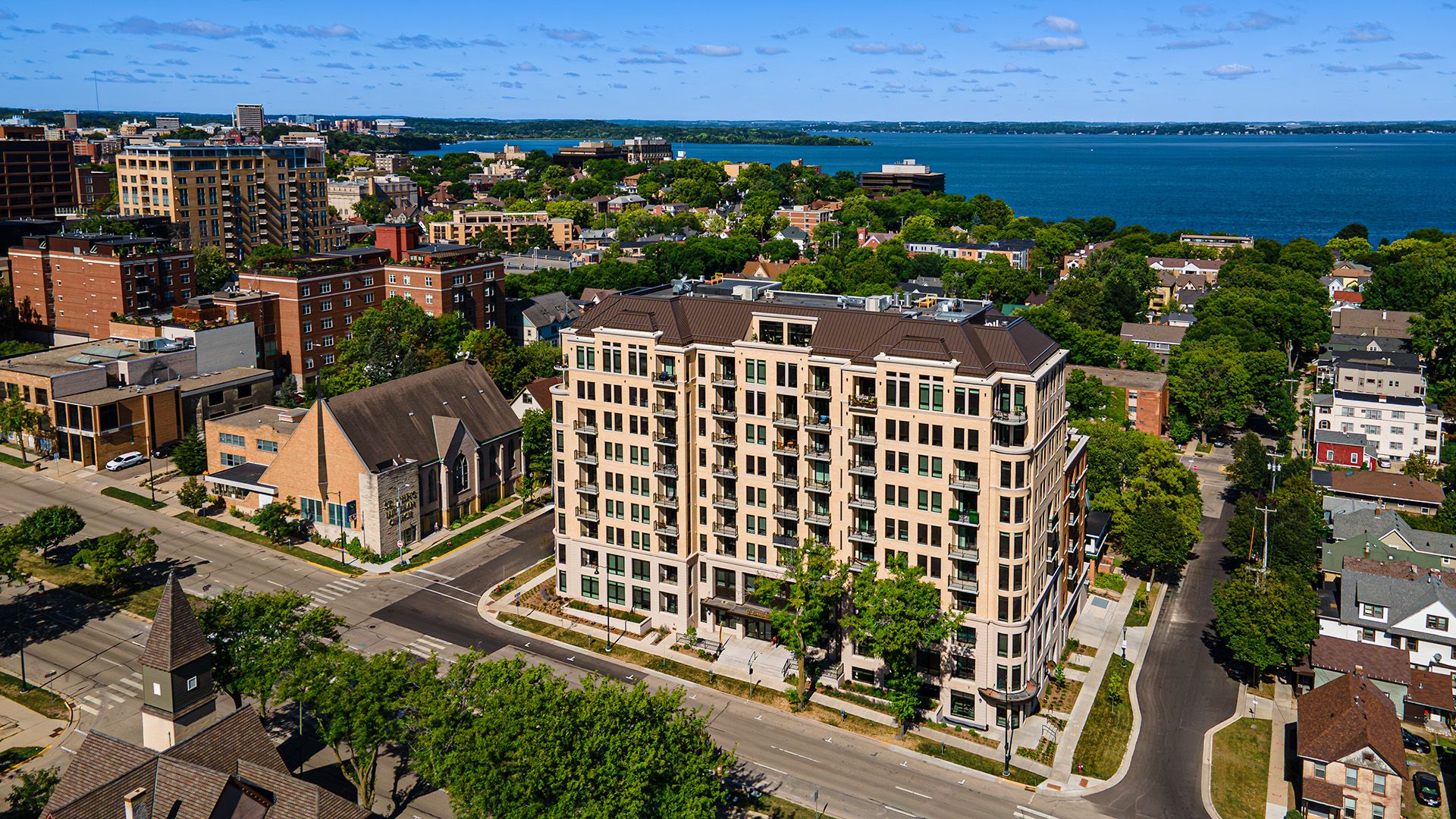 Apartment building with lake in background